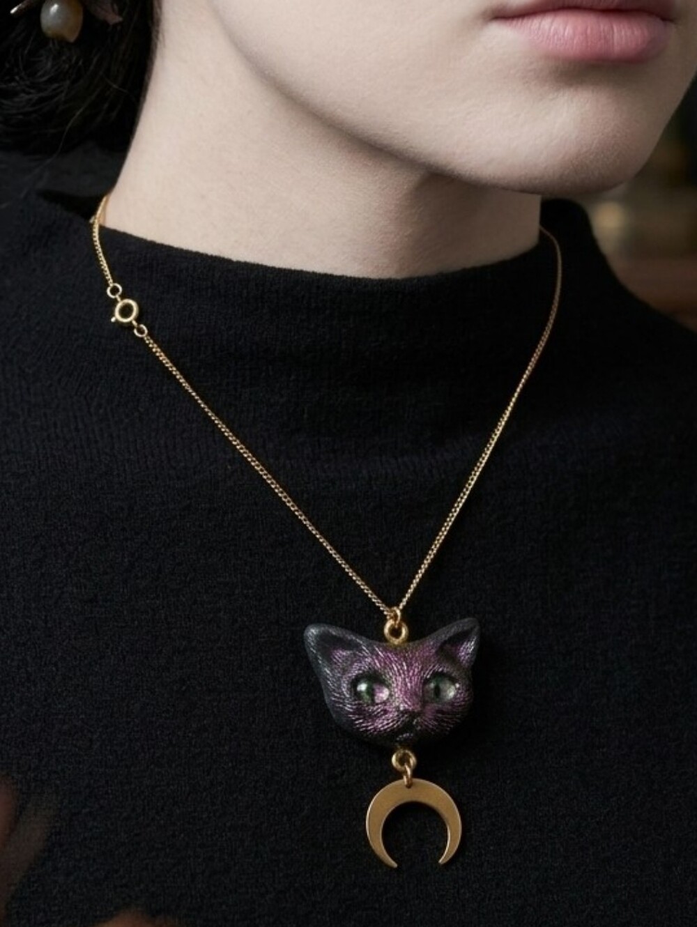 Handmade Cat Moon Pendant Necklace Gold Tone Witchy Halloween 2”